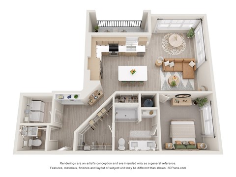 Floor plan for 1 bed, 1.5 baths, 951 sqft